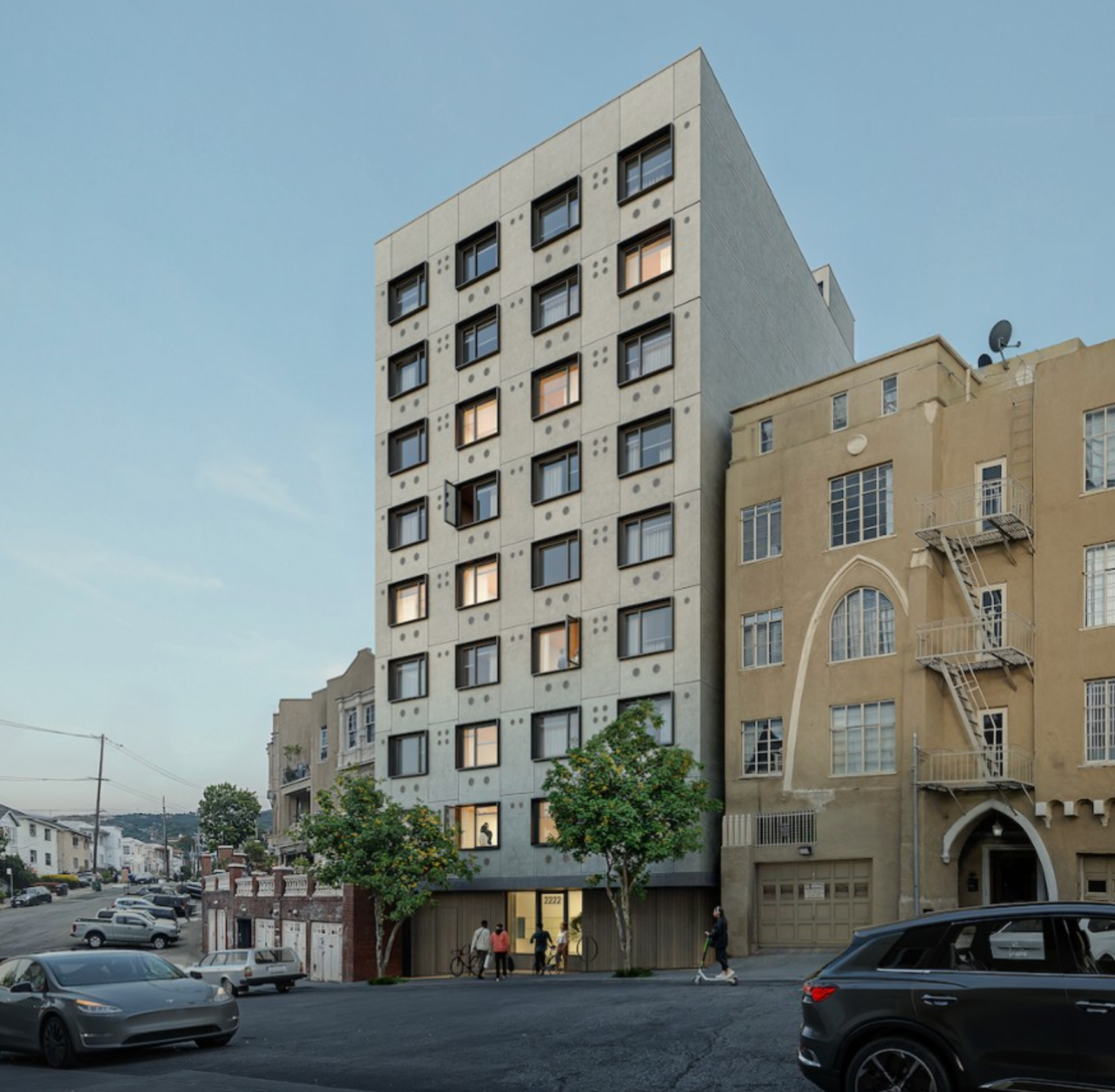 A rendering of the 84-unit multifamily pilot building in Ivy Hill, Oakland — a mid-rise with a grid of windows on a modern facade, beside an older neighborhood building at dusk.